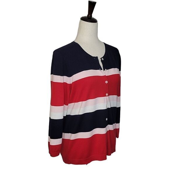 Talbots Navy Blue Striped Button Down Cardigan Size LP - Picture 2 of 7